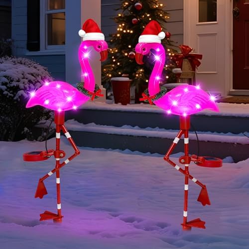 Solar Garden Lights Christmas Decorations Outdoor Waterproof,2 Packs Solar Flamingo Light,Birthday Xmas Gifts for Women Mom,Pink Flamingo Garden Statue,Decorative Lights for Yard Art Patio Porch Lawn
