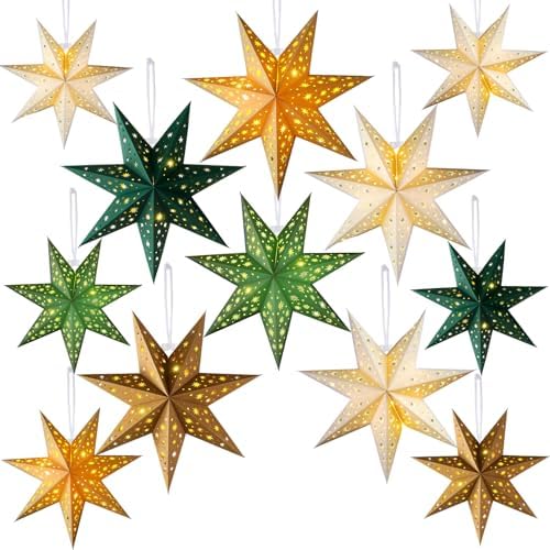 12 Pcs Christmas Paper Star Lantern 7/8/9 Points Sage Green Hanging Ornament 3D Neutral Star Lantern with String Light 12 and 17.72 Inch Hollow Lampshade for Xmas Party Decor(7 Pointed)