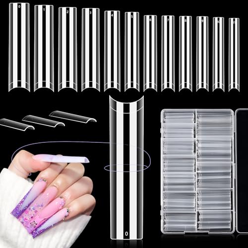 LIONVISON 504PCS NO C CURVE Clear Nail Tips for Acrylic Nails Professional, 3XL Extra Long Flat Tapered Square Nail Tips, 12 Sizes Half Cover Straight French Fake Nail Tips for Nail Salons Home