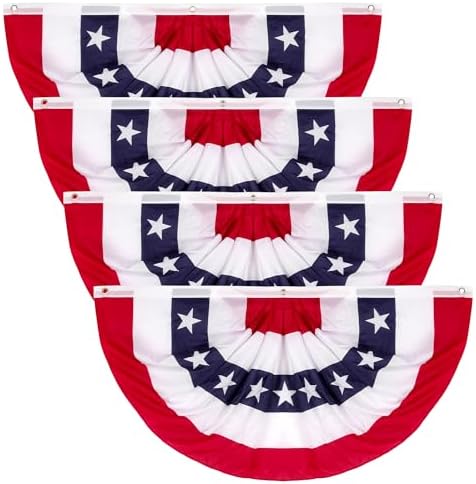 2 × 4 FT 4th of July Decorations, 4 PCS American Pleated Fan Flag, Patriotic Fourth of July Banner, Red White and Blue USA Flag Bunting for Memorial Day Independence Day Parade Outdoor Decor