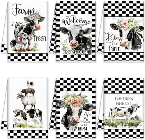 6 Pcs Farm Animal Kitchen Towels Cow Kitchen Hand Towels Cow Pig Chicken Plaid Farmhouse Funny Dish Rustic Absorbent with Hanging Loop for Bathroom Decor Housewarming Gift, 24" x 16"