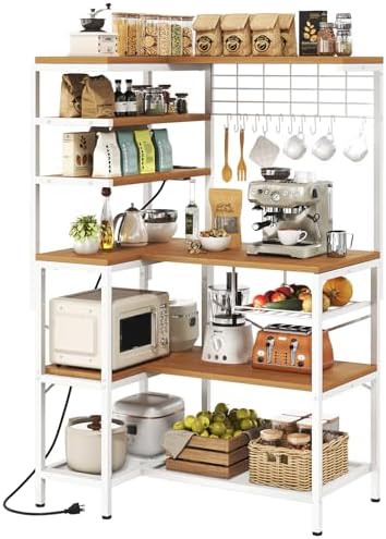 L-Shaped White Bakers Rack with Power Outlet, Kitchen Storage Rack with Hooks, Wire Shelf with Open Storage, Mesh Grid, Wire Basket