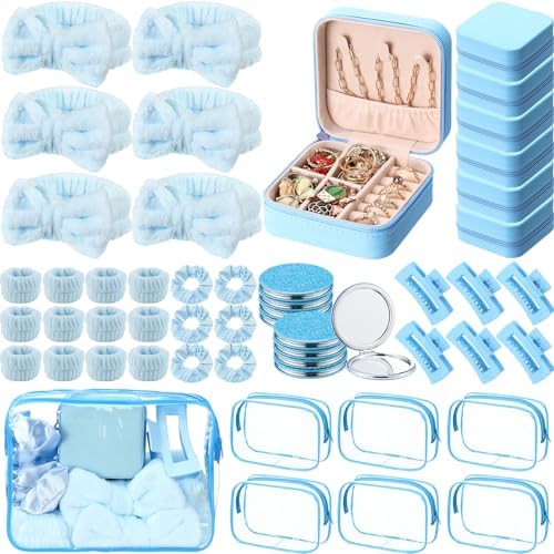 48 Pcs Spa Party Favors for Girls Pink Sleepover Party Supplies Bow Headband Wristband Scrunchies Hair Clip Jewelry Case Makeup Bag Mirror for Women Bridesmaid Return Gifts (Blue)