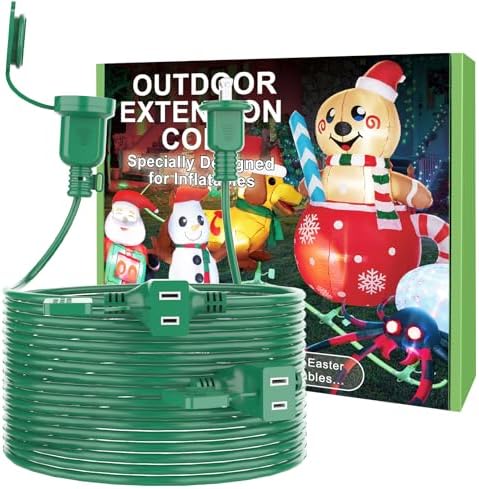 25FT Long Green Extension Cord 3 Outlets for Christmas Inflatables Blow Ups Yard Outdoor Outside Decorations Extension Cords with Multiple Outlets Plugs Cover Splitter Waterproof for Christmas Lights