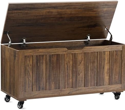 Storage Chest, 39.4'' Wooden Storage Bench with 4 Wheels & 2 Safety Hinges, Retro Box Support 300 lbs for Bedroom, Living Room, Easy Assembly, Vintage Brown