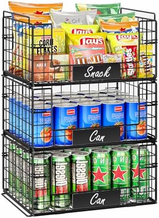 JKsmart 3 Pack XXL Stackable Wire Baskets with Handles for Pantry Storage and Organization, Fruit and Vegetable Basket with Name Plates, Metal Storage Bins for Snack Can Fruit Veggies, XXL