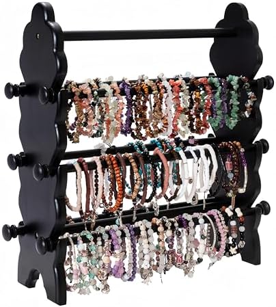 Two-Sided Wooden Jewelry Bracelet Holder Display Stand with 6 Removable Holders - 3 Tier Bar Bangle Organizer Perfect for Organizing and Showcasing Bracelets, Watches, and Accessories Black