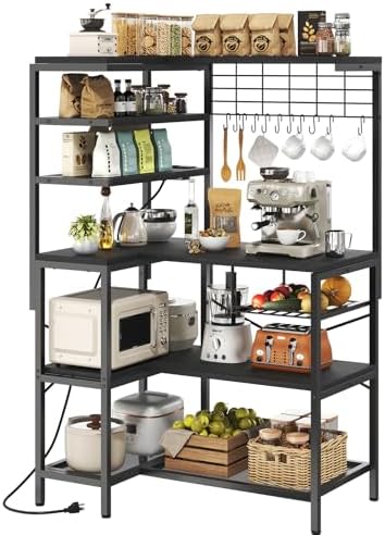 L-Shaped Bakers Rack with Power Outlet, 6-Tier Microwave Stand with Open Storage, Coffee Bar with Hooks, Mesh Grid, Kitchen Shelf with Wire Basket, Black