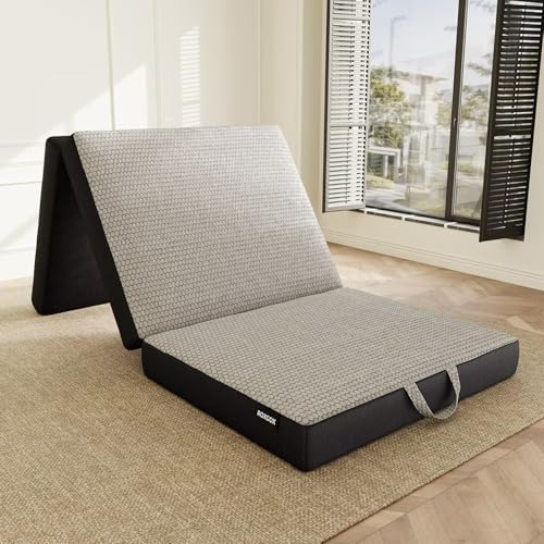 Memory Foam Trifold Mattress - Single Portable Floor Bed 4 Inch, Foldable Mat with Washable Cover, Handle & Non-Slip Bottom, for RV, Travel, Camping, Yoga, 75"x25"x4"