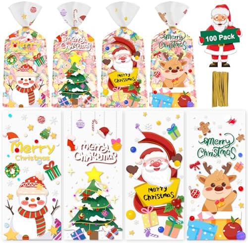 100 Pcs Christmas Treat Bags - Cute Merry Christmas Cellophane Bags, Plastic Christmass Gift Bags Bulk, Clear Winter Xmas Candy Cello Goodie Bag with Twist Ties for Xmas Party Favors Supplies