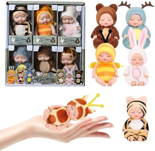 6 Pcs Mini Baby Dolls 4 Inch Gift Set, Cute Small Baby Doll Toys with Animal Clothes for Christmas Stockings, or Dollhouse Collections. (Style D)