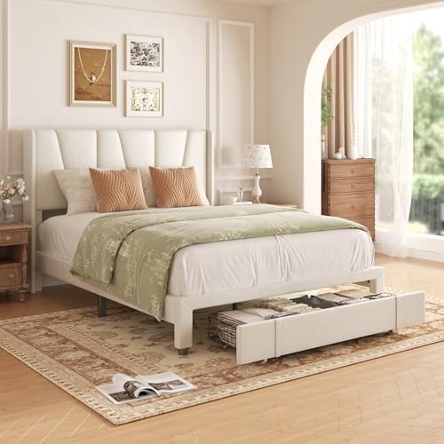 Queen Bed Frame with Storage Drawers, Upholstered Platform Bed with Headboard and Wingboard, No Box Spring Needed, Noise Free, Easy Assembly, Wooden Support Slats, Beige