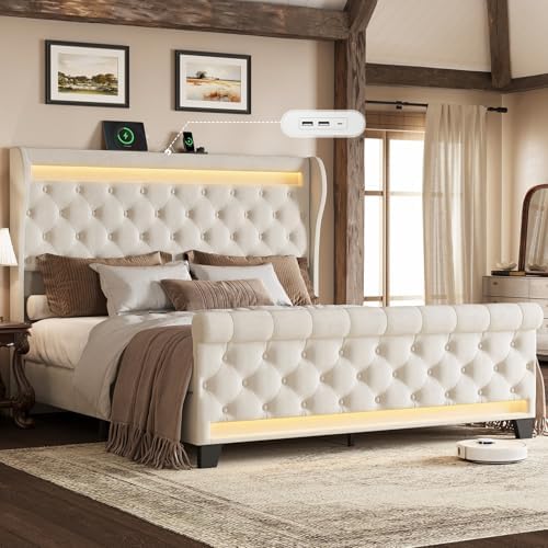 Belffin King Size Bed Frame with Headboard,50" Tall Headboard Upholstered Velvet Platform Bed with LED Lights & 2 USB Port/1 Type C Port, Button Tufted, No Box Spring Needed,Noise Free,Beige