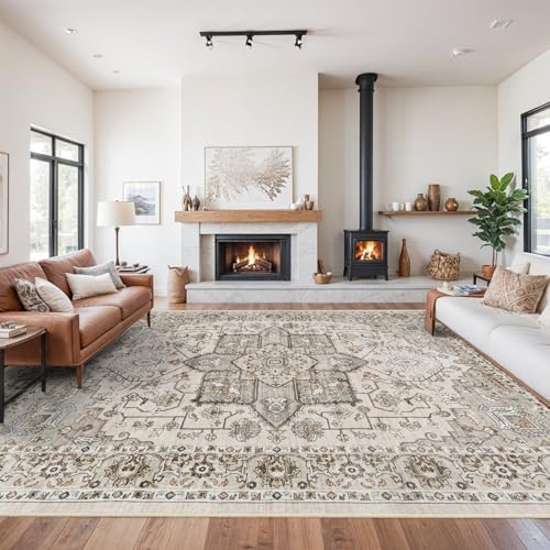 RUUGME 10x14 Area Rug Washable - Washable Lightweight Area Rug Stain Resistant Carpet Soft Rugs for Bedroom with Non Slip Backing Indoor Ultra-Thin Rugs Home Decor 10x14 Ivory