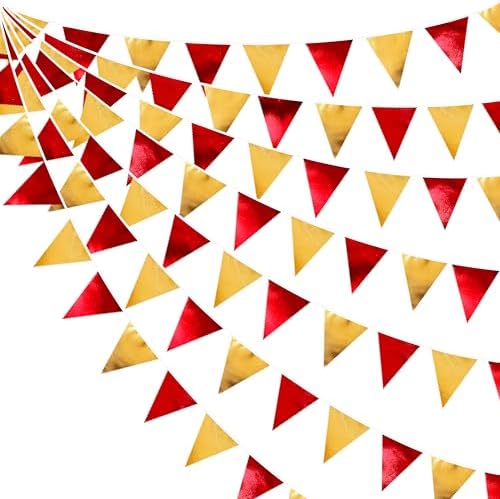 Red Gold Party Decorations Metallic Fabric Triangle Pennant Banner Flag Bunting Garland for Graduation Birthday Wedding Bachelorette Anniversary Baby Shower Christmas Holiday New Year Party Supplies