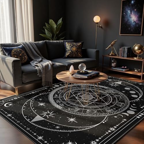 Celestial Witchcraft Area Rug 8x10 - Black Gothic Divination Carpet with Moon Phases & Tarot Symbols, Soft Machine Washable Non-Slip Rug for Dark Academia, Witchy Bedroom, Altar Space.