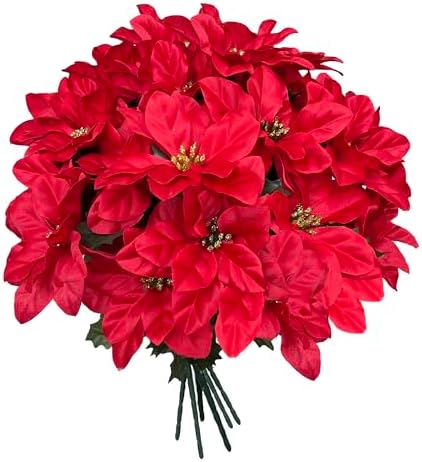 6 Pack Artificial Poinsettia Bushes, 9.8" Faux Red Christmas Flowers with 7 Heads per Branch, Lifelike Silk Poinsettia Floral for Indoor Outdoor Holiday Décor, Xmas Tree Ornaments, Home Decorations