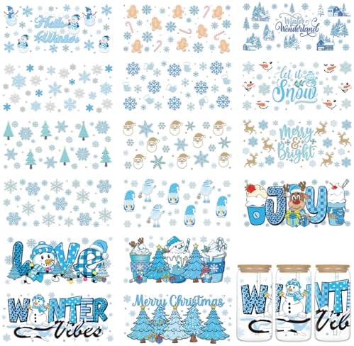 16Pcs Winter Christmas Uv Dtf Cup Wraps for 16 oz Glass Water Bottle Snowman Waterproof Rub On Transfer Decals for DIY Crafts Laptop