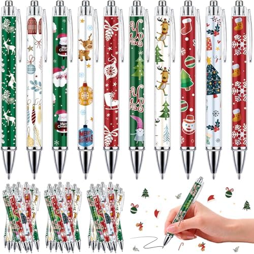 50 Pcs Christmas Pens Bulk Cute Red Green Merry Christmas Retractable Ballpoint Gel Ink Pens Novelty Reindeer Santa Tree for Xmas Coworkers Holiday Parties Office Writing Supplies