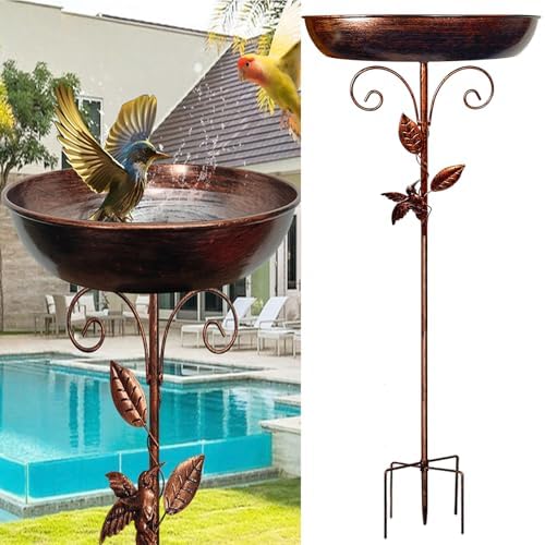 40In Metal Bird Bath for Outside-5 Pronged Base and Detachable Metal Stake, Sturdy Garden Birdbath, Vintage Freestanding Bird Bath for Patio Yard Lawn Decor, Durable Bird Bath