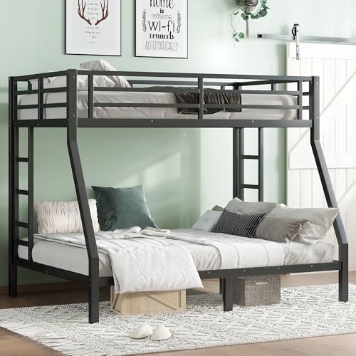 Bellemave Twin Over Full Bunk Beds for Adults,Heavy Duty Adult Bunk Beds,Metal Bunk Bed Twin Over Full with 2 Ladders for Kids,Teens,Noise-Free,Black