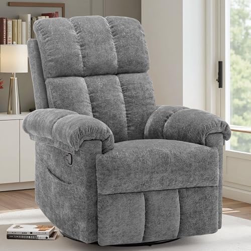 Recliner Chair, Swivel Rocker Recliner Chair for Adults, Small Recliners for Small Spaces, Manual Recliner with Side Pockets, Upholstered Nursery Rocking Chair for Living Room, Chenille, Grey
