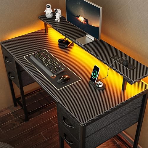 Huuger 47 inch Computer Desk with 4 Drawers, Gaming Desk with LED Lights & Power Outlets, Home Office Desk with Large Storage Space for Bedroom, Work from Home, Carbon Fibre Black