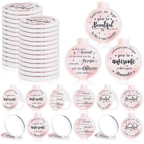 Wenqik 100 Pcs Inspirational Mini Compact Mirror for Purse Women Small Gifts Bulk, Round Makeup Folding Mirror, Thank You Gift Bag Stuffer Items, Christmas for Coworker Employee Staff (Light Pink)