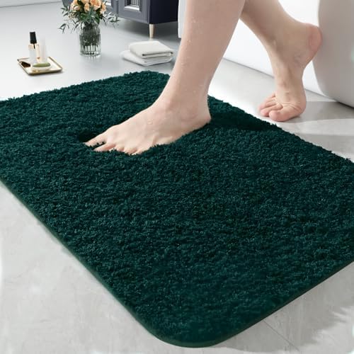 LOCHAS Bathroom Rug 24x17 Inch, Soft Thick Absorbent Microfiber Bath Rugs for Bathroom, Machine Washable, Shaggy Plush Non Slip Bath Mat for Tub, Shower Floor, Quick Dry Mats, Hunter Green