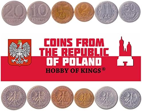 6 Coins from Poland | Polish Coin Set Collection 50 Grosz 1 2 5 10 20 Złoty | Circulated 1984-1988 | White Crowned Eagle