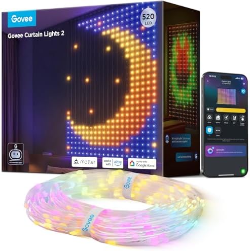 Govee Curtain Lights 2, 520 LEDs, Smart LED Curtain Light with DIY GIF AIGC, Non-Splicable, RGBIC Color Changing Holiday Lights for Indoor Outdoor Bedroom Window Decor, IP65 Waterproof, 4.9×6.6ft