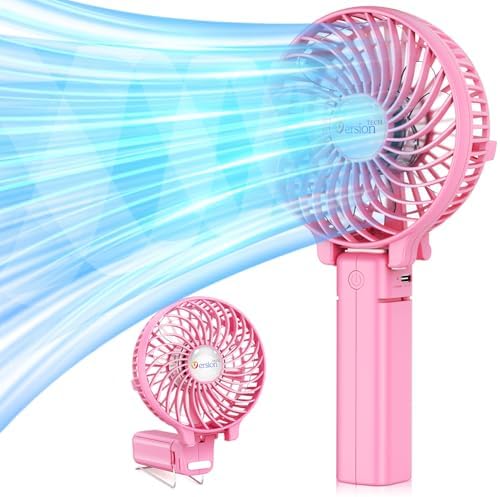 VersionTECH. Portable Handheld Fan, Powerful+Durable+4000mAh+180° Foldable, Mini Table Fans with USB Rechargeable Battery Operated Cooling Accessories for Personal Use, Travel, Office Pink