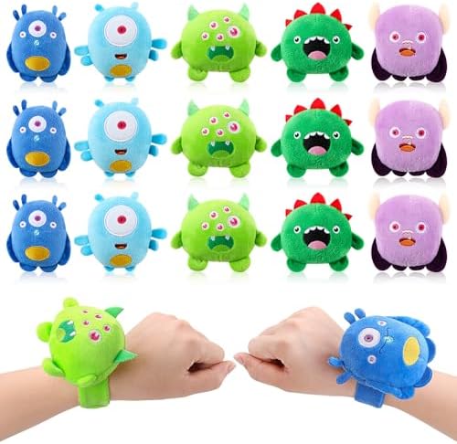 Sumind 15 Pcs Halloween Stuffed Animal Slap Bracelets for Kids Cute Plush Slap Bracelets Bulk Monster Ghost Stuffed Animal Plush Wristband Toy for Halloween Birthday Party Favors