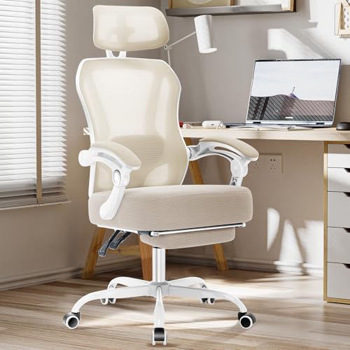 Ergonomic Office Chair with Footrest,Ultra Thick Reclining Desk Chair with Adjustable 2D Lumbar Support and Headrest,Spring Cushion,High Back Premium Mesh Computer Chair,Cream