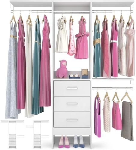 4FT Small Closet System with 3 Fabric Drawers, 48'' Closet Organizer System With 3 Adjustable Shelves, Flexible Built-In Clothes Garment Rack for Small Space, 48" L x 13" W x 71" H, White