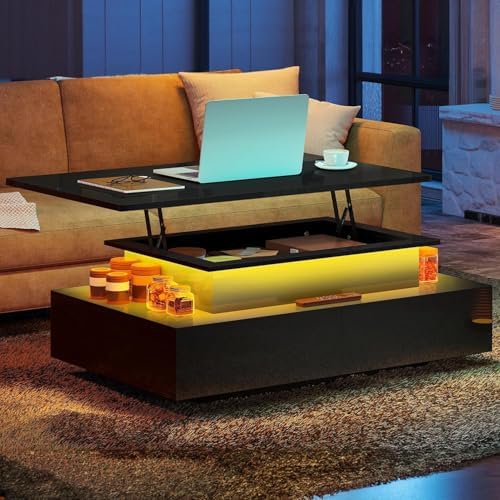 YITAHOME LED Lift Top Coffee Tables for Living Room, LED Coffee Table with Storages, Modern Rectangular Coffee Tables with Lifting Top and 4 Spacious Drawers, Coffee Table with LED Light, Glossy Black