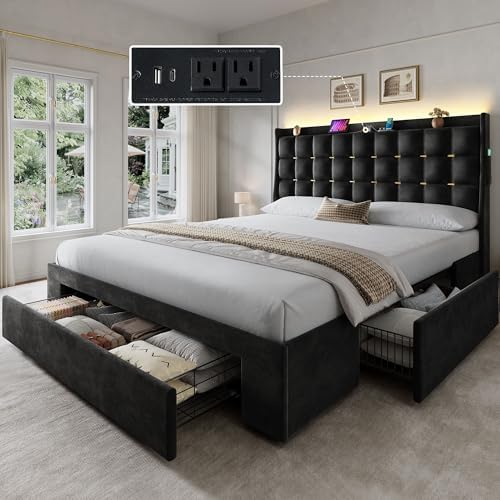 YITAHOME Queen Size Bed Frame with 3 Storage Drawers and RGB LED Lights, Velvet Upholstered Bed with Charging Station and Storage Headboard, No Box Spring Needed, Easy Assembly, Noise-Free, Black