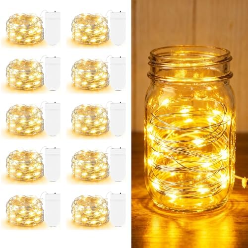 10 Pack Fairy Lights Battery Operated - 7ft 20 LED Twinkle Lights Copper Wire Mini String Lights Firefly Lights for Mason Jars DIY Crafts Christmas Wedding Party Centerpiece Table Decor, Warm White