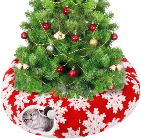 Cat Tunnel Christmas Tree Skirt for 5-7.5ft Trees - Prevent Christmas Tree Falling, Snowflake Patterns Warm Soft Cat Tube Bed with Anti-Slip Mat