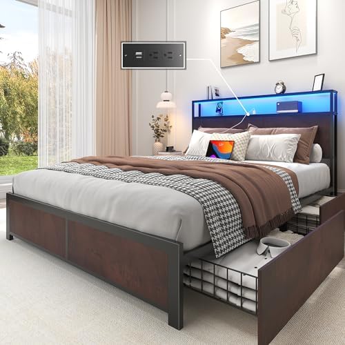 Lifezone Full Bed Frame with 2-Tier Storage Headboard, Metal Platform Bed Frame with 4 Storage Drawers, Built in Charging Station & LED, Noise-Free/Metal Support/No Box Spring Needed, Coffee Brown