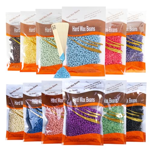 12PCS Hard Wax Beads for Hair Removal,Flawless Waxing Beans for Face,Body,Underarm,Chest,Eyebrow,Legs,Brazilian Bikini,At Home Hard Wax Kit with12 Applicator Sticks