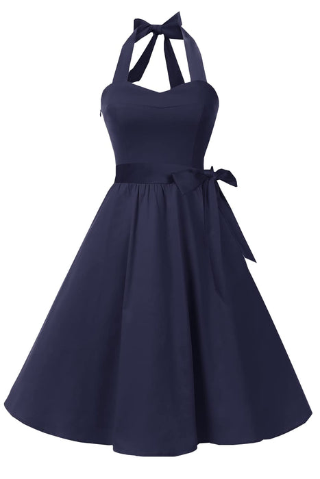 Topdress Women's Vintage Polka Audrey Dress 1950s Halter Retro Cocktail Dress Navy Blue 3XL