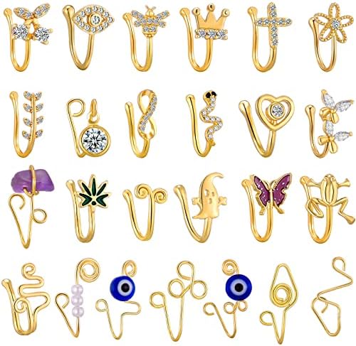 TAMHOO 25 Pcs Multi-Style Fake Nose Rings for Women and Men -Gold Plated Copper African Nose Cuff Non Piercing for Teen Grirls - Nice Gift for Her on Birthday/Valentines Day/Christmas