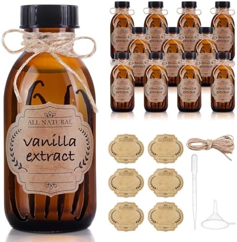 12 Pack 4 oz Vanilla Extract Bottles, Amber Boston Glass Bottle with Cap Empty Brown Glass Bottles for Homemade Vanilla Extract, Essential Oils, Juice, Potion, Syrup, Liquids, Christmas Gift