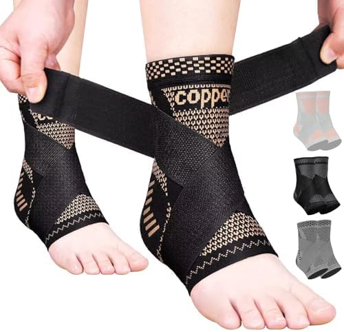 JIUFENTIAN Copper Ankle Brace Adjustable Compression Sleeve (Pair)-Ankle Support Heel Brace for Achilles Tendonitis, Plantar Fasciitis-Eases Swelling and Sprained Ankle(Medium)