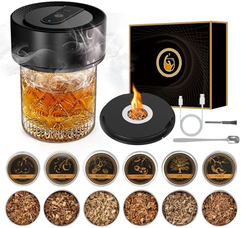 Electric Whiskey Smoker Kit with 6 Flavors Wood Chips, Rechargeable Cocktail Smoker Kit, No Butane Required (Built-in Lighter), Old Fashioned Drink Smoker Kit, Birthday Gifts for Men, Dad, Husband