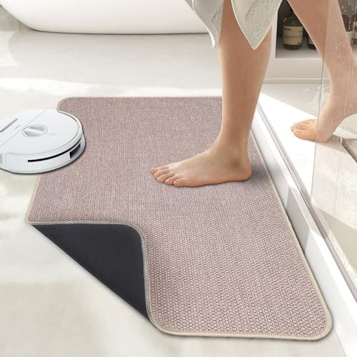 Bath Mat,Ultra Thin Bathroom Rugs,Rubber Bath Mats for Bathroom,Quick Dry,Non-Slip,Machine Washable,Fit Under Door,Absorbent Bath Rugs,Shower Outside,Sink,Home Decor Accessories.(Beige,17''x35'')