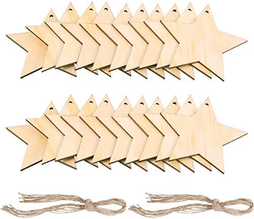 Pangda 20 Packs 3.15 Inch Wooden Star Cutouts Hanging Ornaments with Strings for Christmas Wedding, DIY, Craft, Festival, Decoration, Embellishments