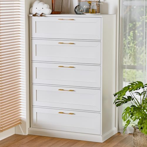 Zamildon's 5 Drawer Dresser, 47" Tall Dressers for Bedroom with Anti-Tip Device, White Modern Storage Closet with Handle for Hallway,Entryway