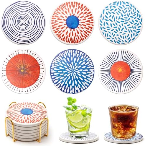 Funny Ceramic Absorbent Coaster Set of 6 Mid Century Coasters for Drinks Fun Boho Coffee Table Decor Cool Desk Coasters with Holder Unique Kitchen Accessories Outdoor Beach Cute Stone Cup Coaster